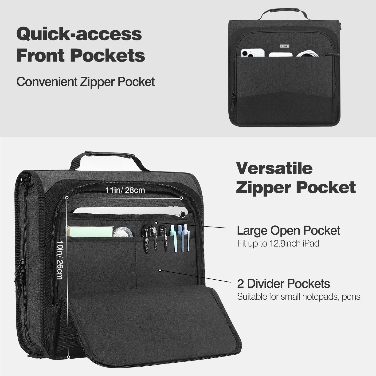 MoKo Zipper Binder, 3 Inch 3 D-Ring 700 Sheets Capacity Multi-Pocket Organizer with Shoulder Strap & Handle, School Supplies,Black