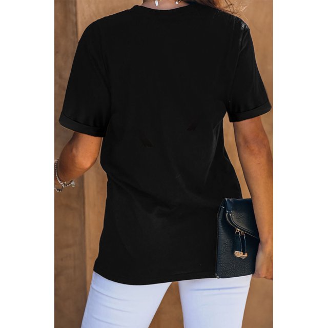 ABPHQTO Camiseta gráfica de manga corta con estampado de puesta de sol tropical negra para mujer