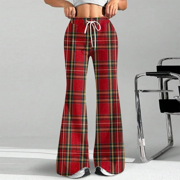 Women's Fashion Loose Drawstring Waist Plaid Printed Casual Sports Flared Pants, Elastic Joggers Sweatpants, Stylish Yoga Pants for Women,Red,S
