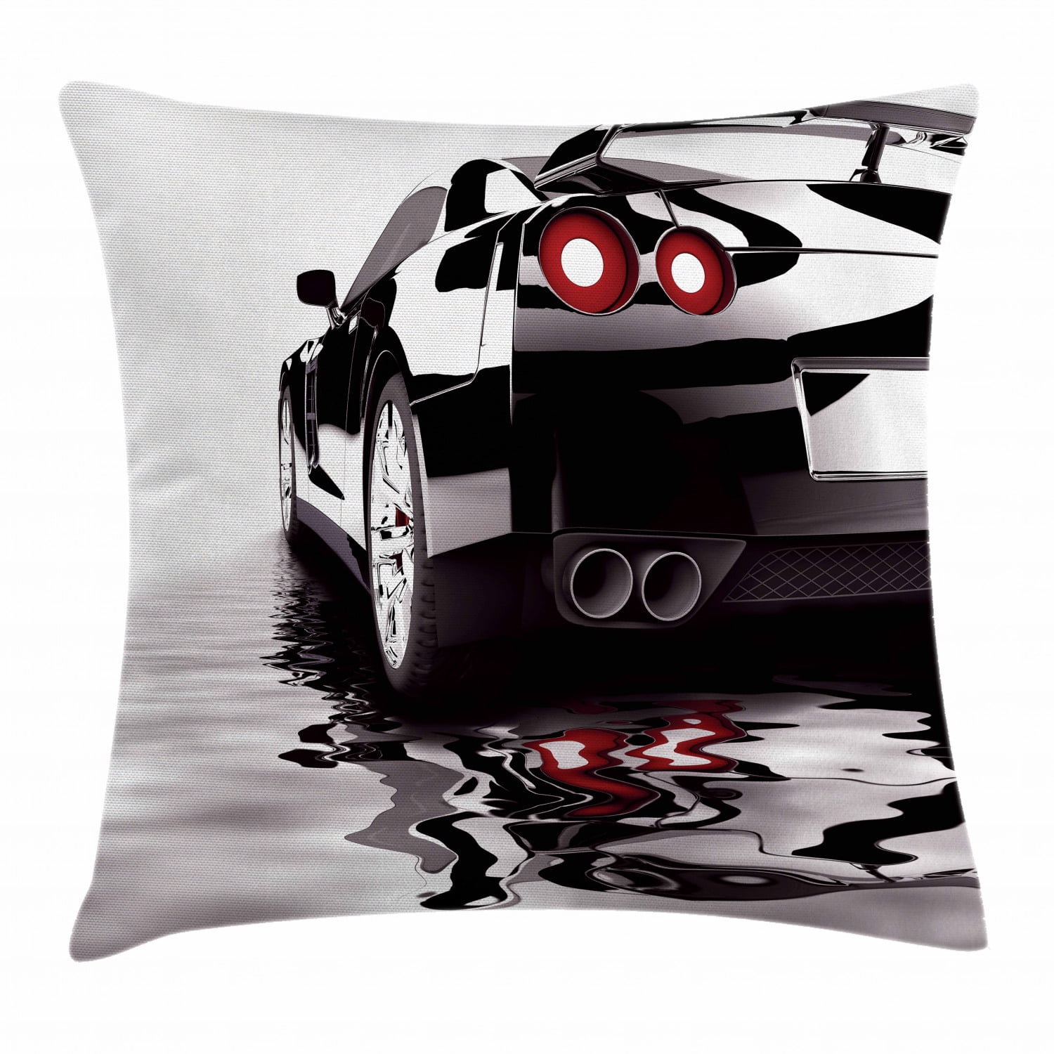 Cars Throw Pillow Cushion Cover, Modern Black Car with Water Reflection