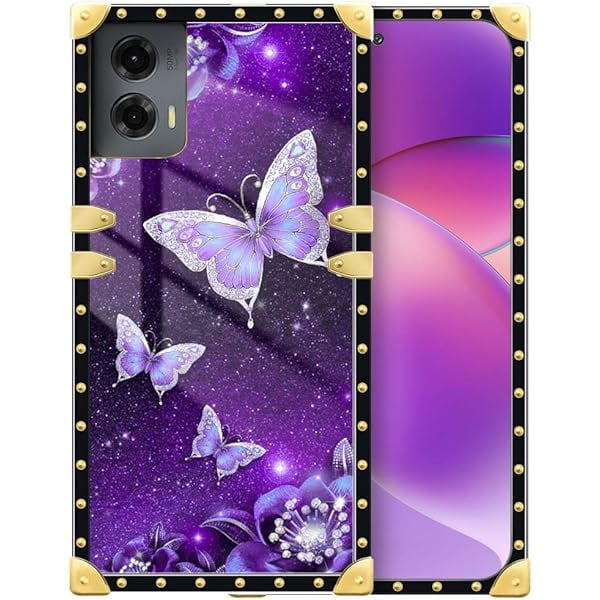 wonima11 Compatible with Motorola Moto G Power 5G 2024 Case, J Purple Abstract Butterfly A Luxury Elegant Soft TPU Shockproof Protective Metal Decoration Corner Back Cover Case