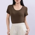 thumbnail image 2 of Youyipin Womens Tops Spring Fashion Womens Scoop Neck Short Sleeve Tops Summer Going Out Double Lined T Shirts Slim Fit Clothes Basic Tee For Women 2025, 2 of 6