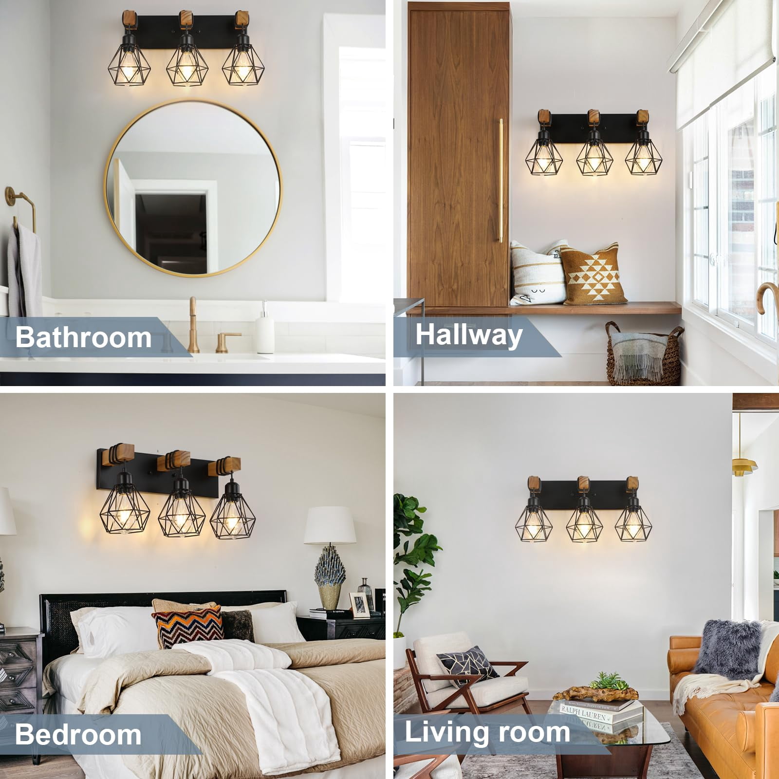 Black 3-Light Vanity Light Wood Metal Wall Fixture For Bathroom Bedroom Living Room Hallway