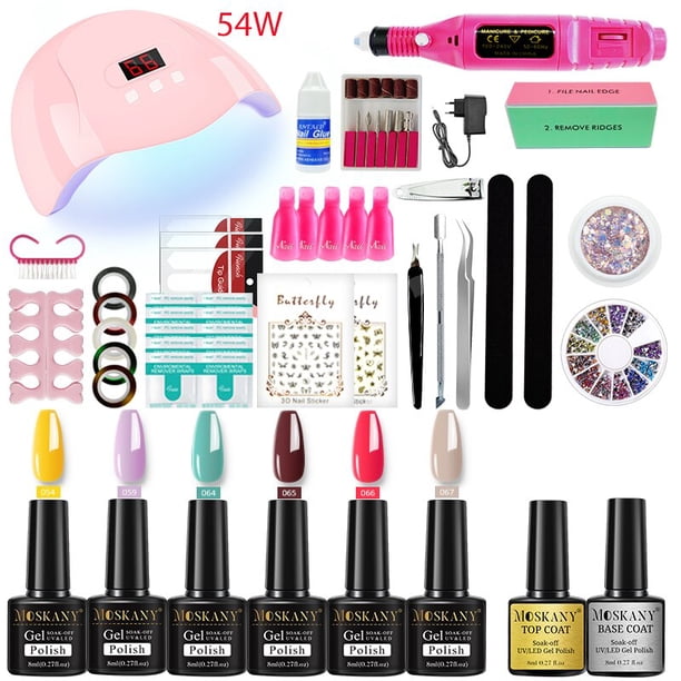 MOSKANY Juego de uñas profesional Kit de gel de uñas con lámpara de uñas UV de 120W / 54W y taladro de uñas para todo el juego de manicura de esmalte de uñas de gel de secado zhangmengya LED