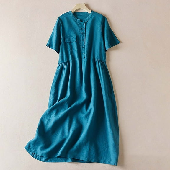 Homenesgenics Dresses for Women Womens Dresses Summer Women's Cotton and Linen Lightweight Short Sleeved Round Neck Elastic Waist Large Mid Length Dress Blue M