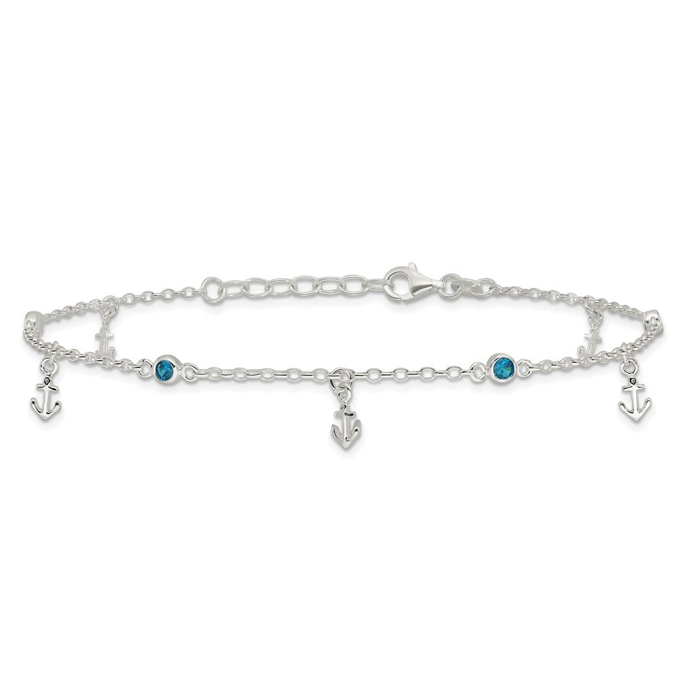 Auriga Fine Jewelry 925 Sterling Silver Polished Blue CZ and Anchors 9inch Plus 1in ext. Anklet for Women