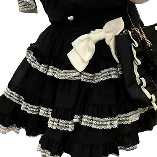 Conjunto de falda corta con capa de encaje para mujer, color negro - Material de poliéster, tallas S-M, adecuado para fiesta/casual, cintura elástica