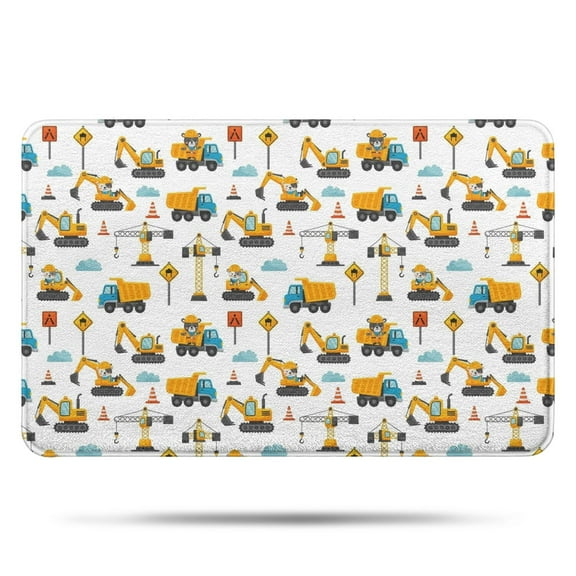Cartoon Construction Vehicles Workers White Pattern Bathroom Rugs Mat,Non Slip Microfiber Bathroom Rug,Rubber Backing,Soft Bathroom Mats for Bathroom Floor,Tub and Shower,17x27in(43x68cm)