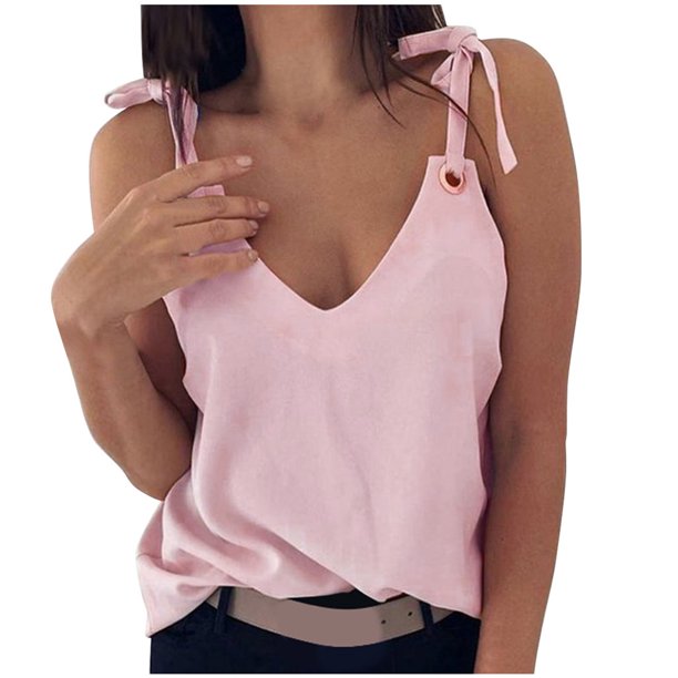 Gibobby sólido chaleco blusa mujer Top Casual sin mangas con cuello en V blusa de mujer(Rosa,G)