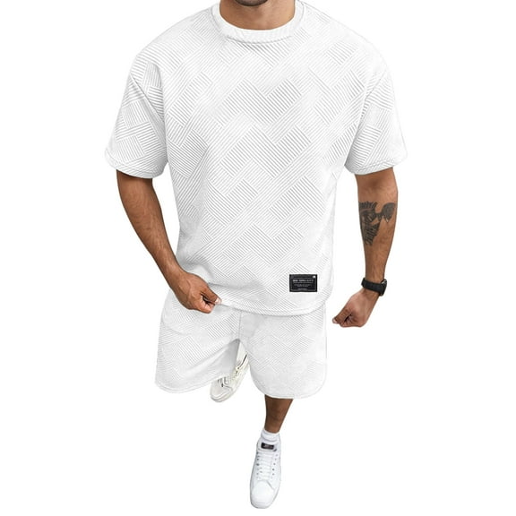 Men's Textured Knit Tracksuit Set: Short - Sleeve Top & Shorts for Casual Streetwear