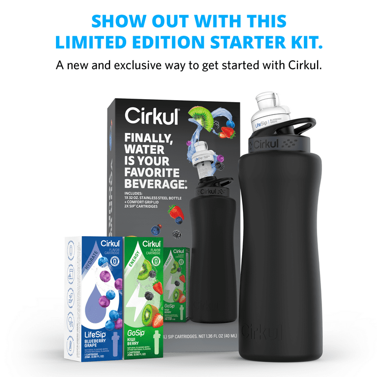 Cirkul 32oz Matte Black Stainless Steel Water Bottle Starter Kit with Black Lid and 2 Flavor Cartridges (Blueberry Grape & Kiwi Berry)