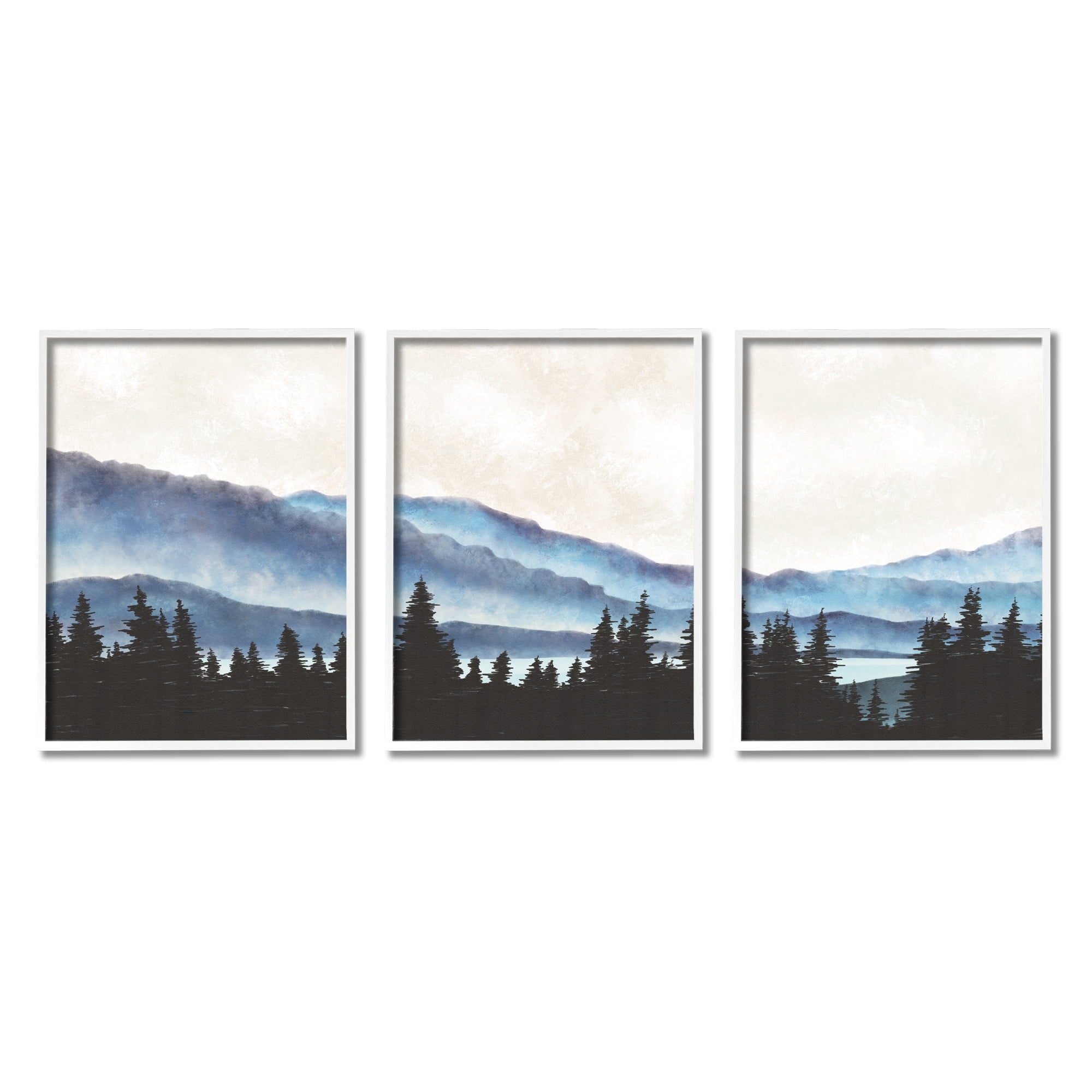Woodlands Pine Trees Natural Mountain Lake Scenery Landscape Painting Framed Art Print Wall Art, Set Of 3