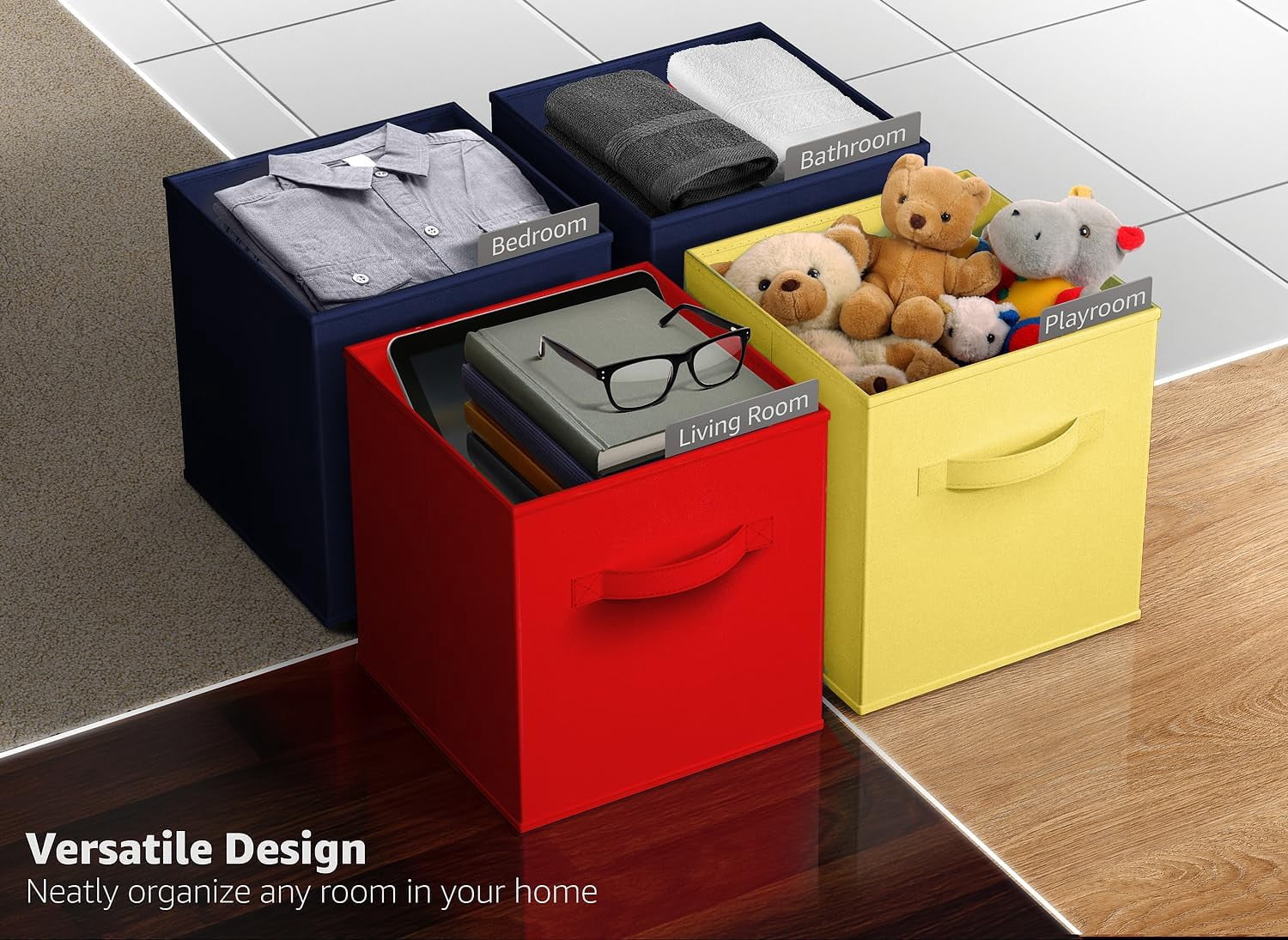 Sorbus 11" Foldable Storage Cubes - Set of 6 Fabric Bins with Handle - Yellow, Navy, Red