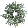 thumbnail image 1 of Corona de eucalipto verde artificial, corona de vegetación de 15 pulgadas con racimos de flores blancas, mini corona de primavera/verano para decoración de ventanas, paredes y puertas de entrada, 1 of 4