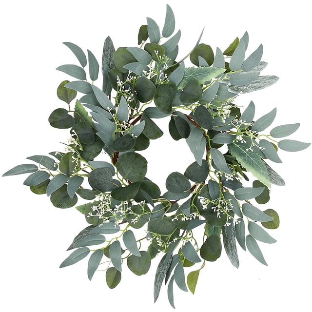 Corona de eucalipto verde artificial, corona de vegetación de 15 pulgadas con racimos de flores blancas, mini corona de primavera/verano para decoración de ventanas, paredes y puertas de entrada