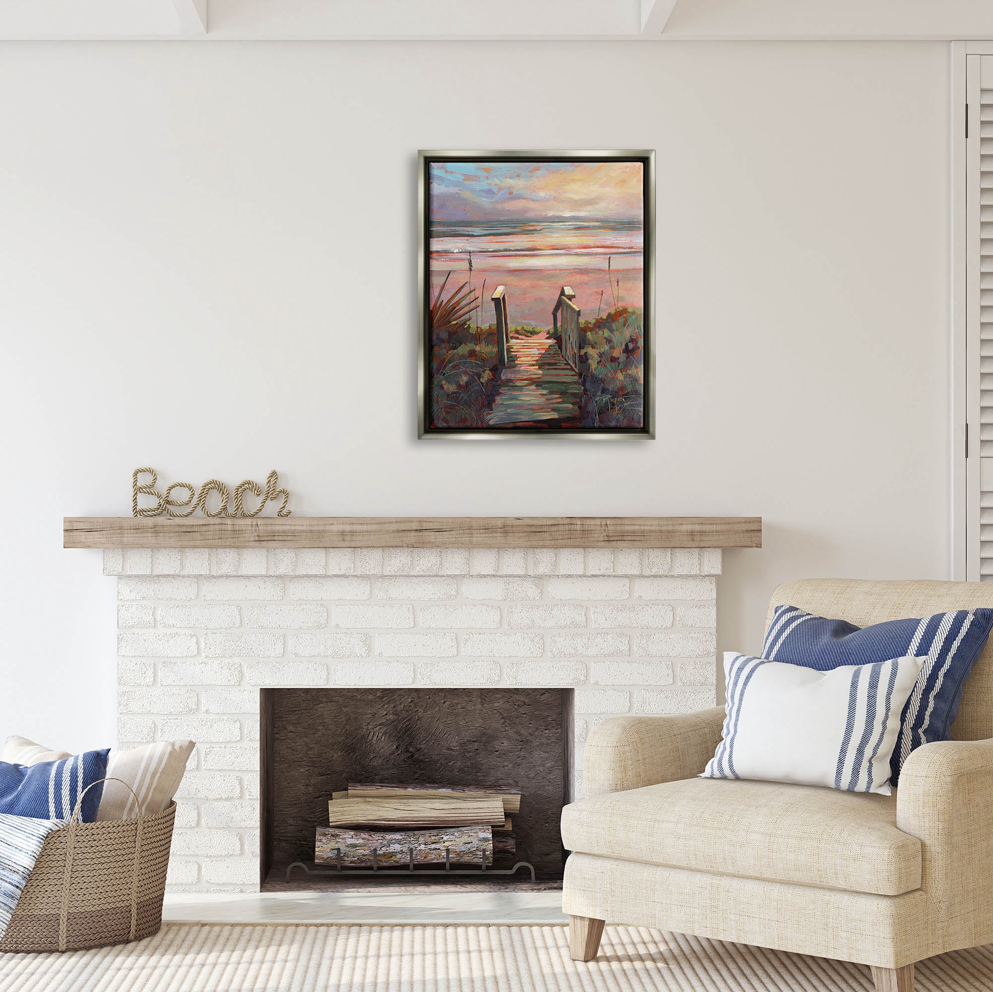 Stupell Industries Beach Shore Sunset Boardwalk Path Coastal Painting Gray Floater Framed Art Print Wall Art