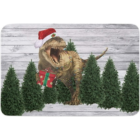 

Dinosaur Indoor Door Mat Anti-Skid Memory Foam Floor Mat Absorbent Entrance Rug Easy Clean Washable Doormat for Entryway Patio Front Door Christmas Hat Trees Vintage Wooden Planks 24x16 Inch