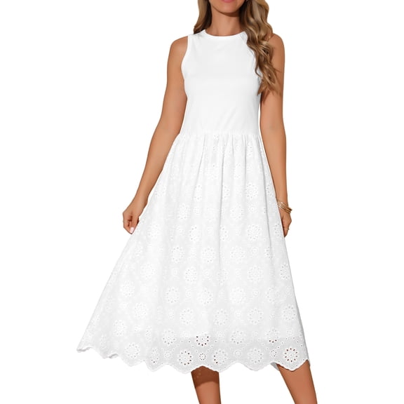 DARING DIVA Eyelet Sleeveless A Line Midi Tank Dress S White