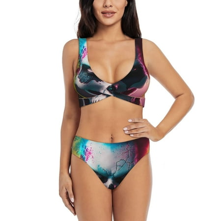Zeuib Modern Abstract Colorful Skull A High Waisted Tummy Control Bikini Set - Knot Front Push Up Top & Cheeky Thong Bottom  Two-Piece Swimsuit for Women-XX-Large