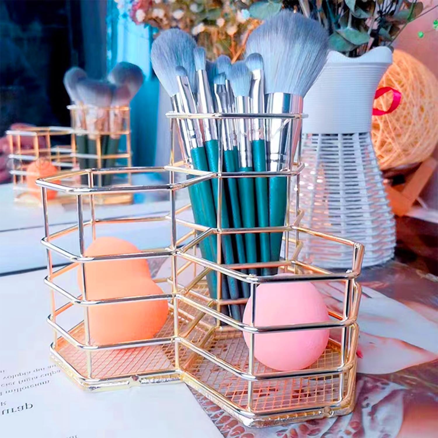 Metal Desk Organizer,Pencil Holders & Cosmetic Storage,Stylish Gold Desk Organizer for Pencils, Makeup Brushes,Gold Pen Holder with 3 Different Height Compartments - Elegant Desk Accessories
