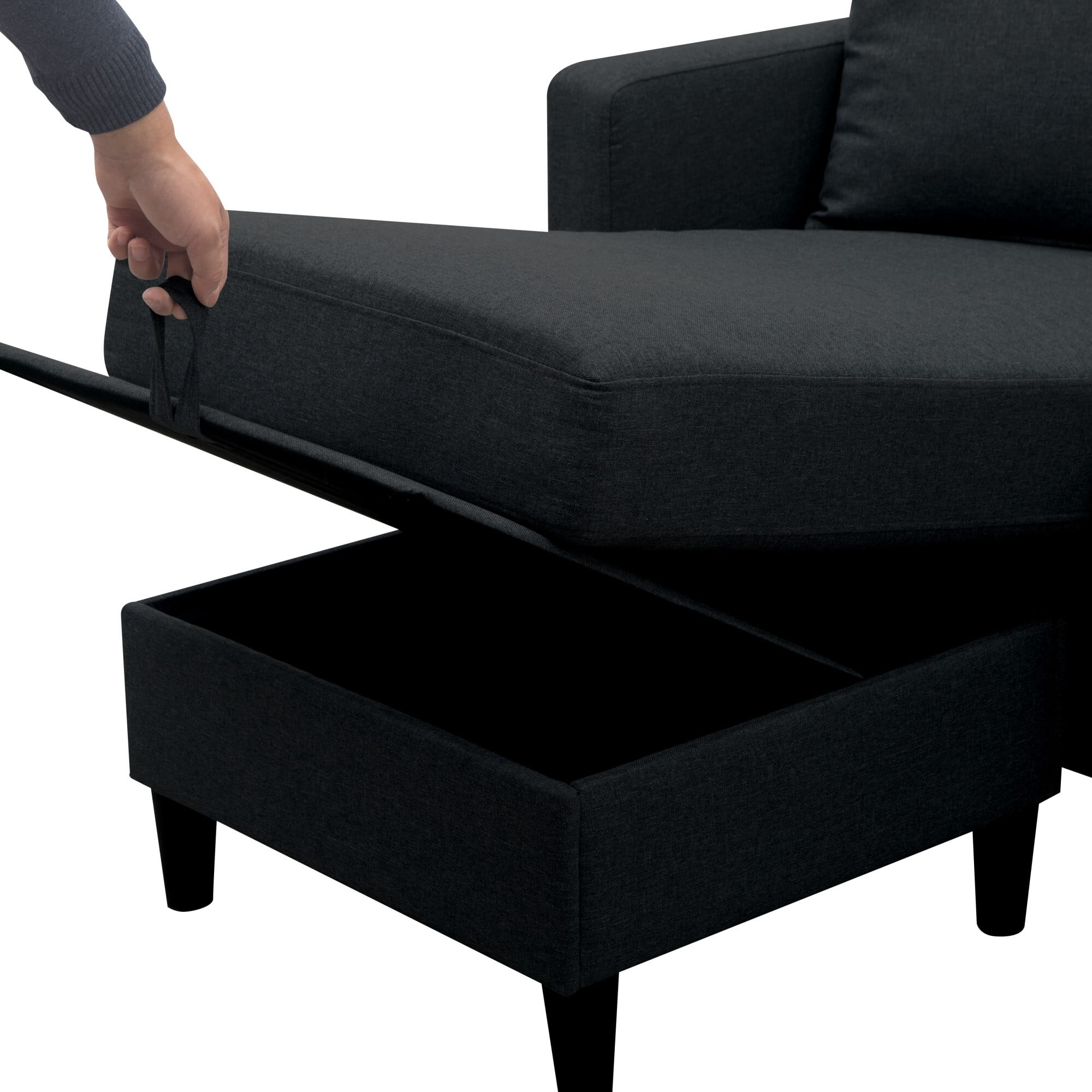 AENKYO 99" Modern U-Shaped Sectional Sofa, Modular Linen Couch with 2 Storage Ottomans & 2 Pillows, Black