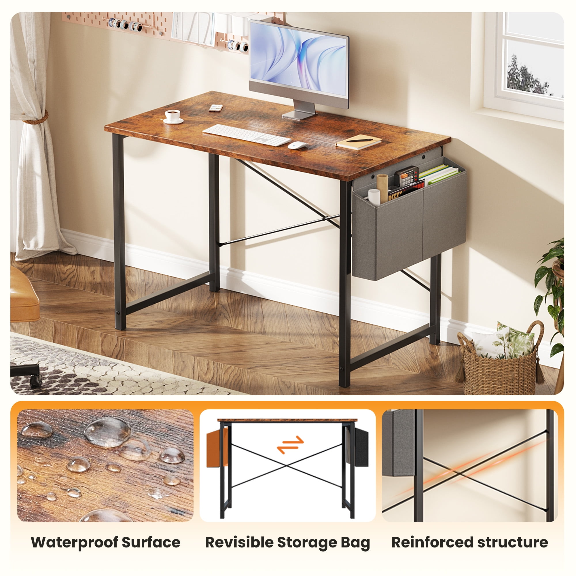 CONCETTA 40 Inch Computer Writing Desk with Storage Bag, Steel Frame for Home Office Study, Brown