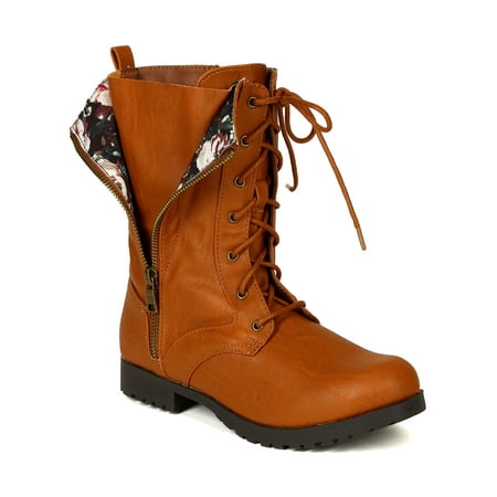

Qupid BD66 Women Leatherette Floral Foldable Military Lace Up Boot