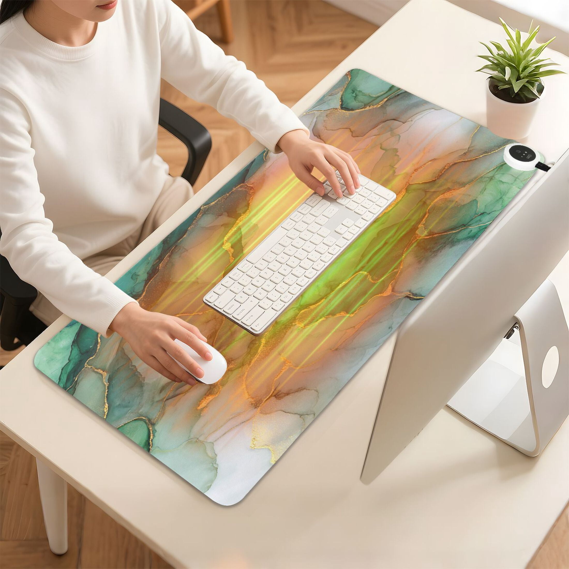 Large Heated Desk Mat Mouse Pad 31.5"x13"PU Leather Graphene Heating Desk Warmer with 3 Temperature Settings 110V US Plug Non-Slip Warm Pad for Home, Office, and Gaming Golden Green Marble Crack