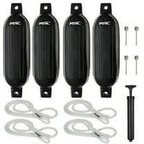 MSC Vinyl Ribbed Boat Fenders Bumpers (Black, 6.5" x 23"), 4 Fenders including fender lines and inflators