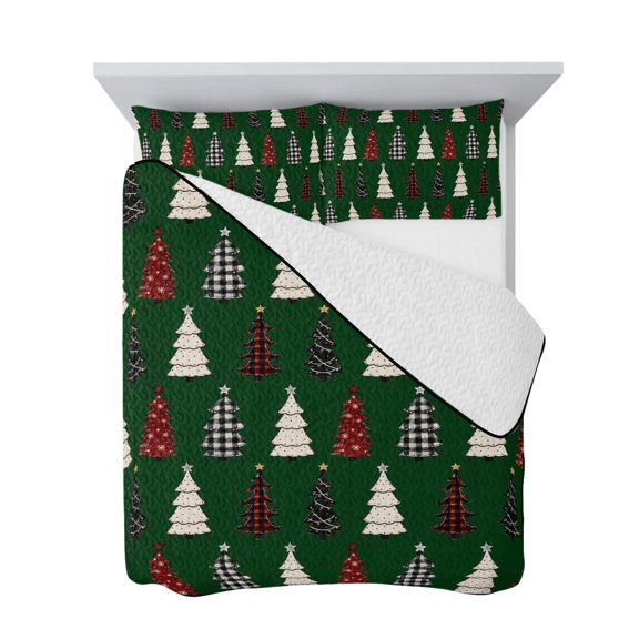 Twin Quilt Bedding Set, Merry Christmas Tree Cartoon Style Soft Microfiber Summer Bedspread Coverlet with 2 Pillow Shams for All Season, Red Dark Green Breathable Bedding Set for Hot Sleepers