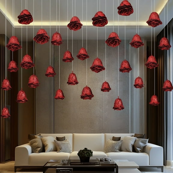Lyacmy Valentine's Day Decor 10Pcs Artificial Rose Head Hanging Flower for Decorations Ceiling, Fake Glitter Red Rose Flower with Fishing Line