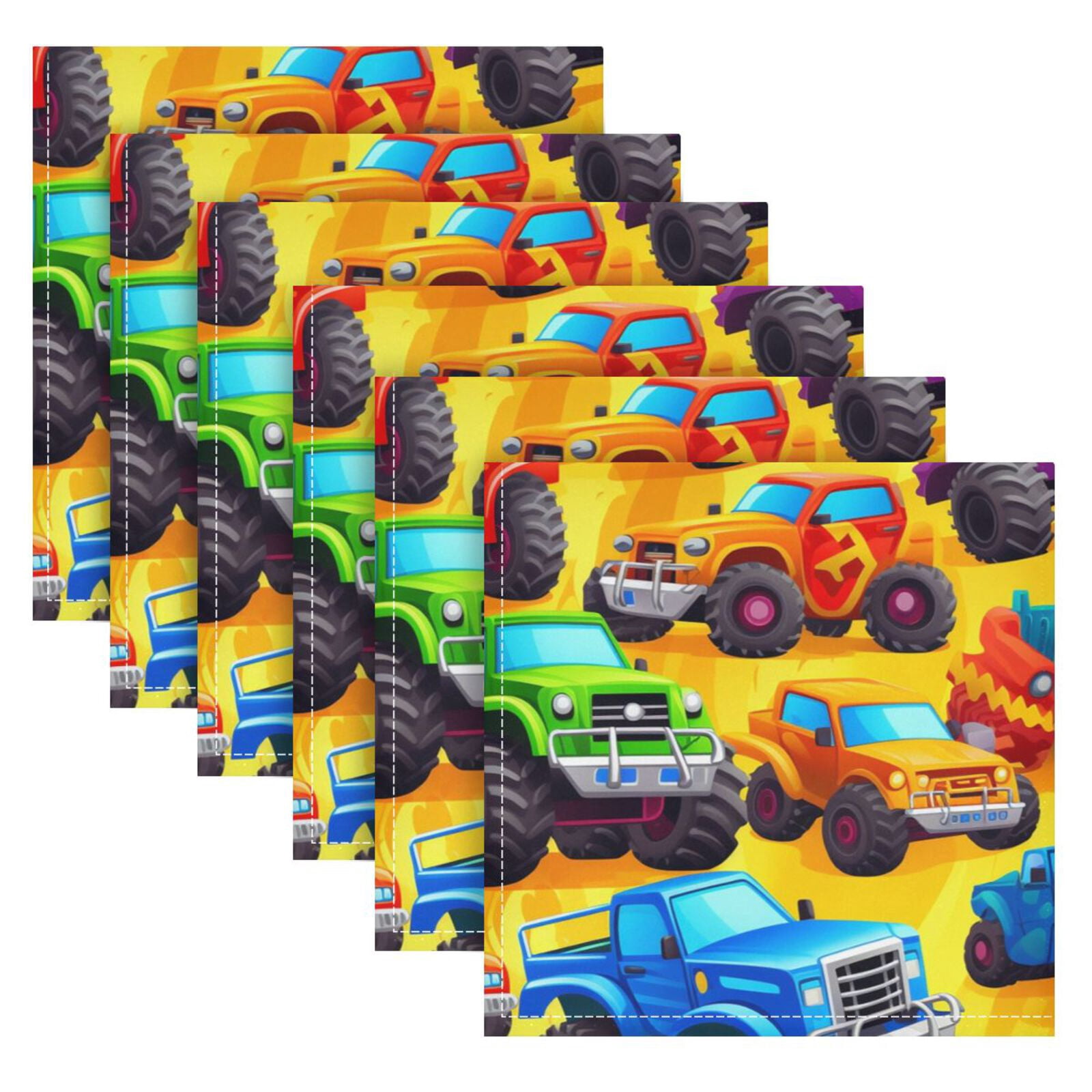 JSTEL Trucks Cartoon Cloth Napkins Set of 6, 20x20 Inch Washable and Reusable Napkin for Decoupage Dinner Party Everyday Use