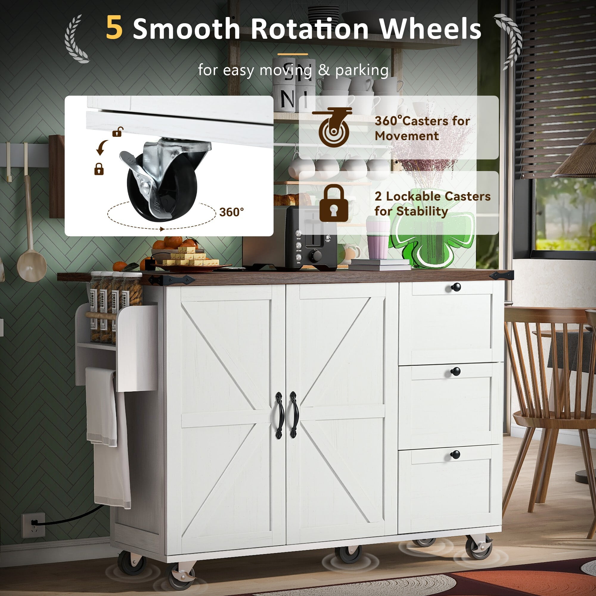 AENKYO 54.5" Farmhouse Kitchen Island with Power Outlet,Internal Storage Rack, Drop Leaf, Spice Rack, Rolling Kitchen Cart on Wheels, for Kitchen and Dining Room,White