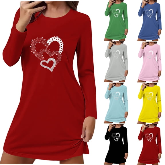 Taqqpue Women's Sleepshirts Long Sleeve Crewneck Oversize Nightgowns Sleepwear Valentines Gifts Casual Heart Print Pajama Dress