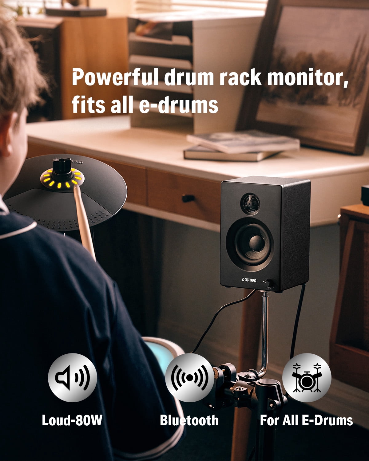 Donner 20W RMS Mini Electric Drum Amp 3“ Woofer 80W Peak Power,Bluetooth Wireless Amplifier for Practice