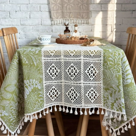 

Green Leaves Tablecloths for Rectangle Tables Crochet Lace Cotton Linen Table Cloth Dust-Proof Table Cover with Tassles for Kitchen Dining Room Party