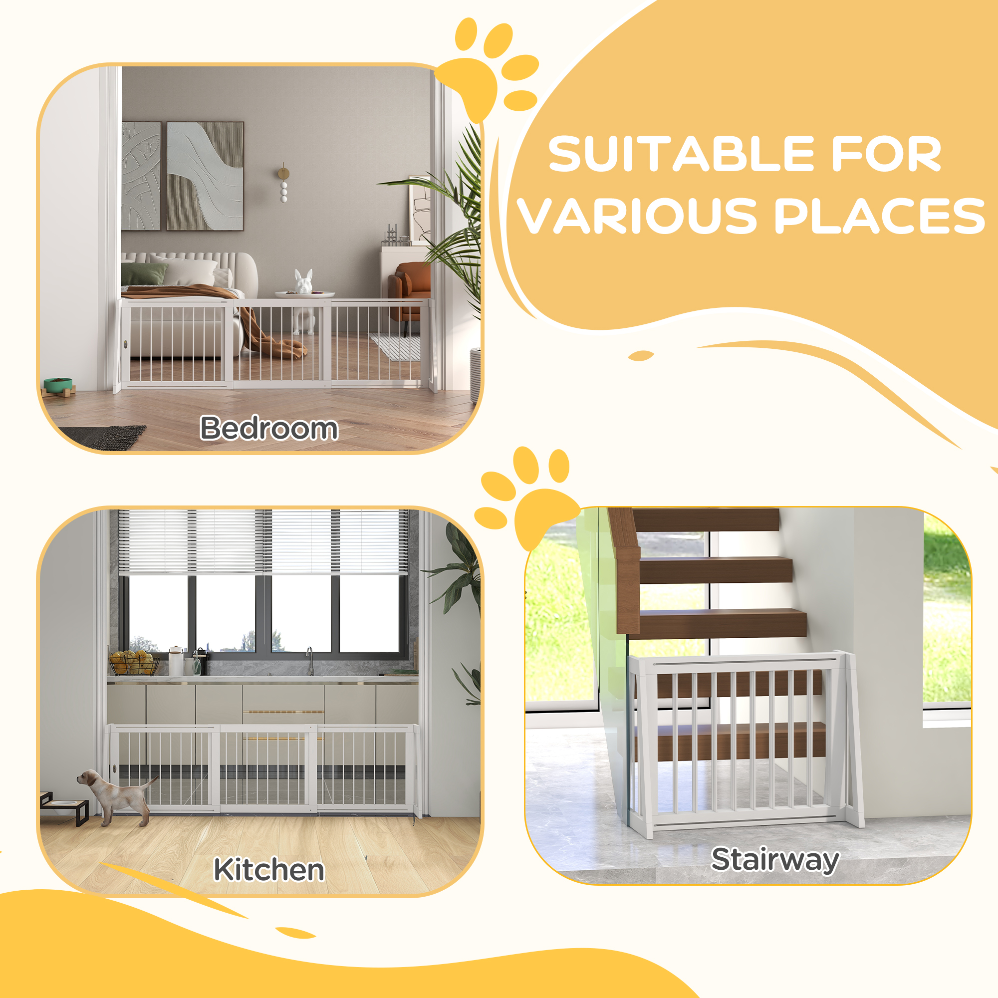 PawHut Freestanding Pet Gate, Wooden Dog Gate with 28"-75" Retractable Length, Support Feet & Non-slip Mats for Indoor, Stairway, Doorway, White