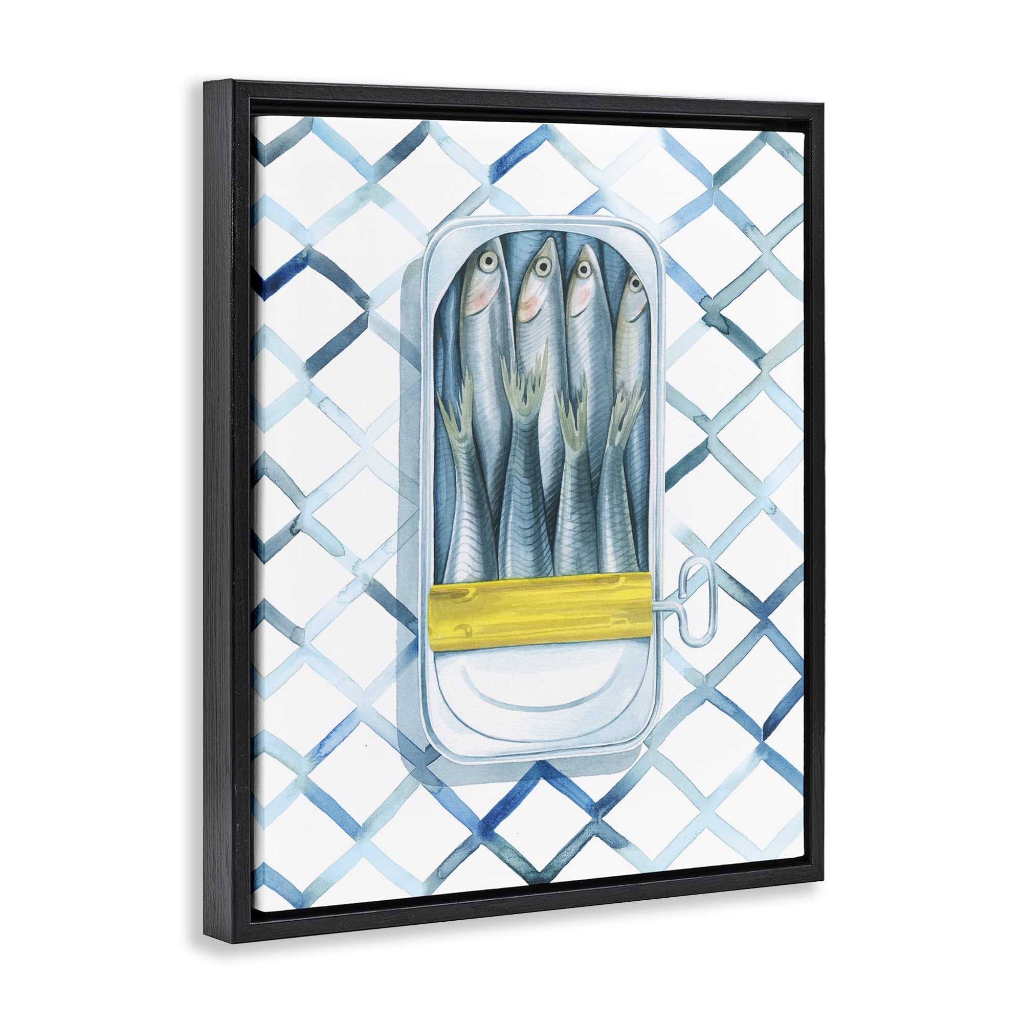 Stupell Industries Sardine Can on Pattern Food & Beverage Painting Black Floater Framed Art Print Wall Art, 17 x 21