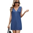 thumbnail image 3 of Women'S Summer Denim Mini Dress V Neck Sleeveless Casual Loose Jean Tank Dresses Dark Blue M, 3 of 9