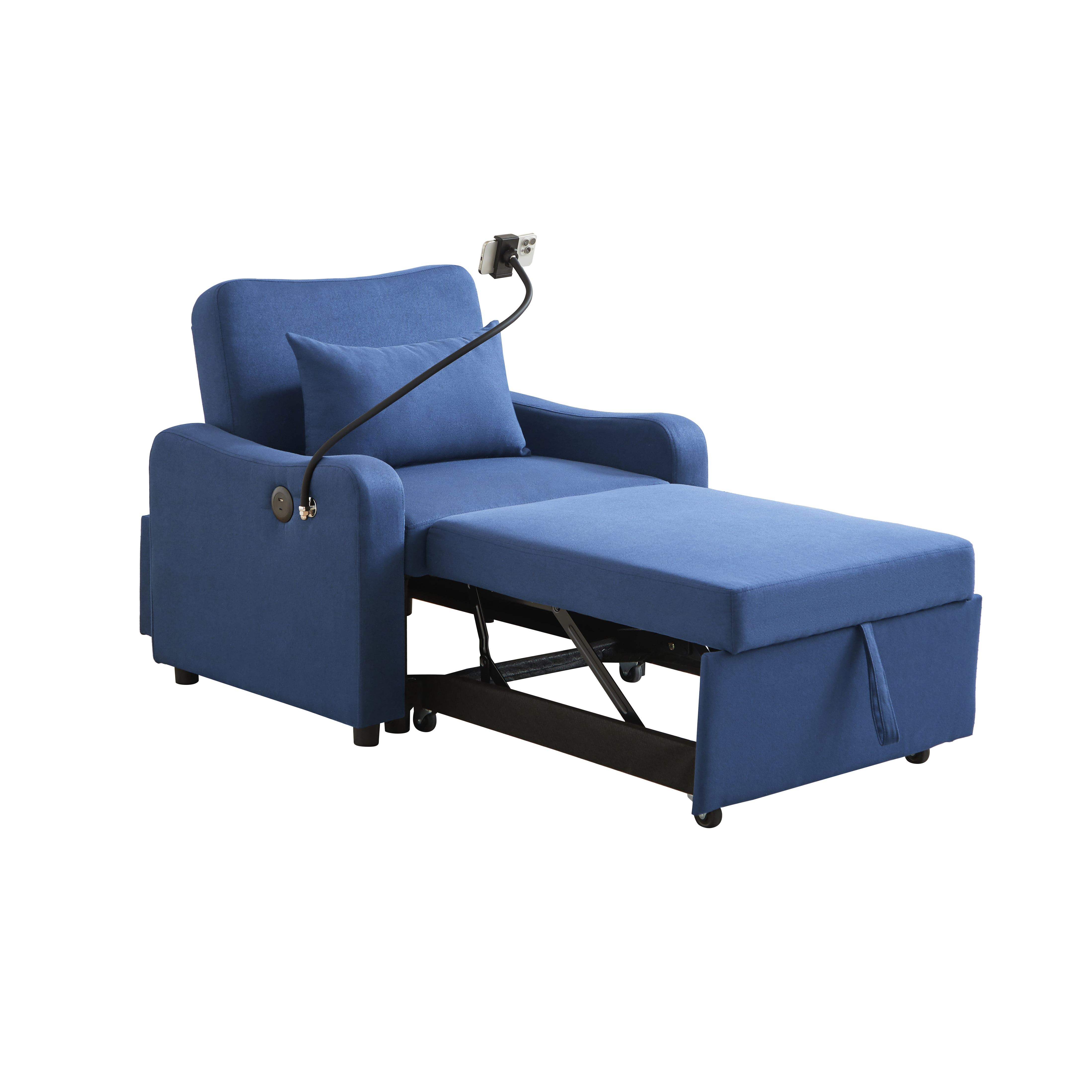 Leumius Convertible Sleeper Sofa Chair Bed,3 in 1 Linen Single Sofa with USB Port and Phone Holder,Pull Out Couch Recliner with Adjustable Backrest for Living Room, Office, Small Place,Dark Blue