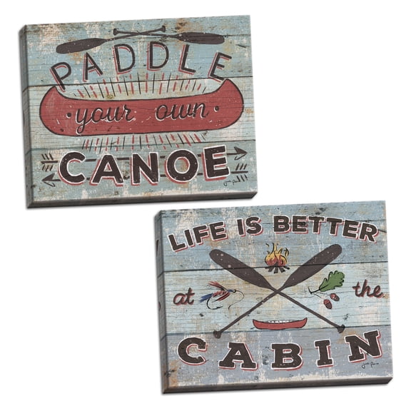 Red and Blue Canoe and Lake Adult Cabin Decor; 2 - 14" x 11" Stretched Canvases