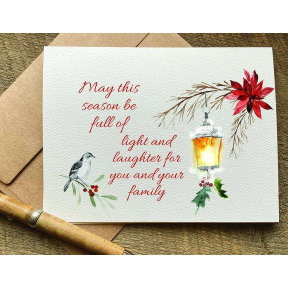 Season's Greetings Card – Lovely Lantern and Holiday Flourish Design – Blank Inside for Personal Messages – Perfect for Christmas & New Year Wishes to Family and Friends