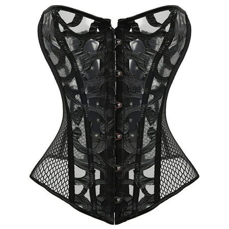JOELY Black Mesh Corset Tops for Women Lace up Busiter lingerie Satin Overbust Shapewear Outfit for Christmas Costume Halloween Party