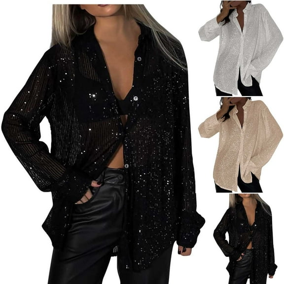 FRSASU Womens Fashionable and Comfortable Button Down Sequin Shirts Long Sleeve Summer Shirt Lapel Tops White