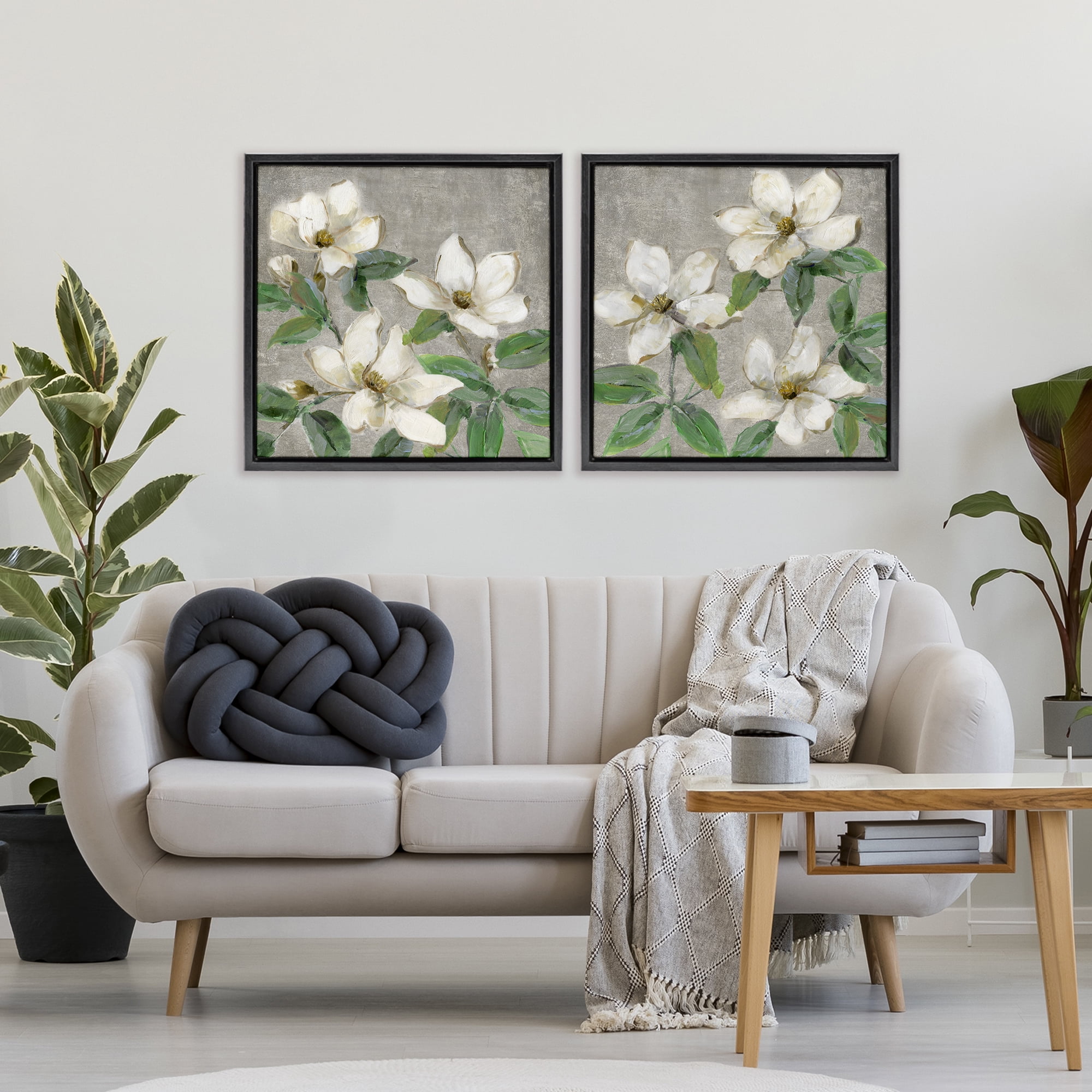 Stupell Industries Blooming Ivory Magnolias 2 Piece Black Framed Floater Canvas Set, design by Sally Swatland