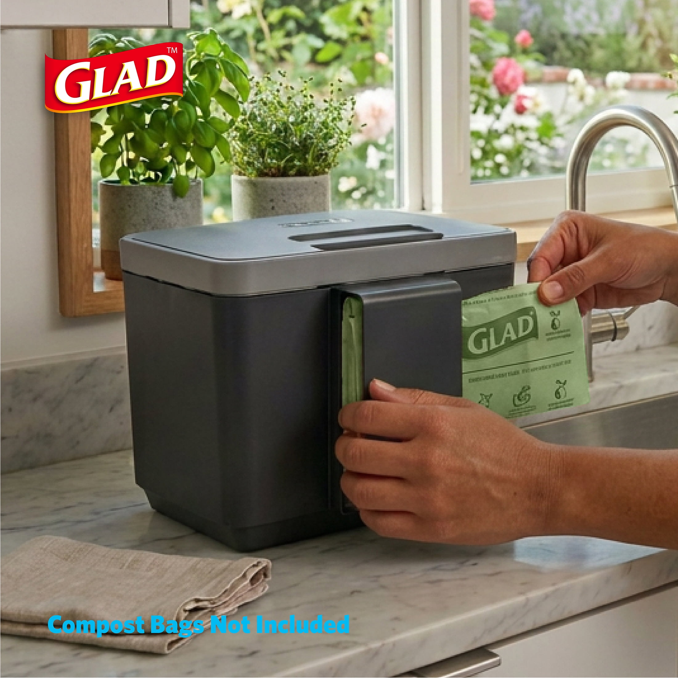 Glad Kitchen Compost Trash Can, 1.5 Gallon Plastic Garbage Bin, White