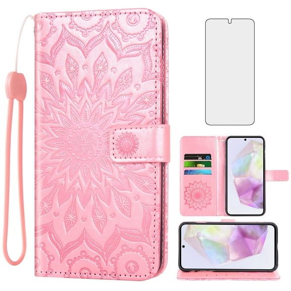 Asuwish Compatible with Samsung Galaxy A35 5G Wallet Phone Case and Tempered Glass Screen Protector Flip Credit Card Holder Stand Mandala Flower Cell Cover for A 35 35A A355G Women Men Pink