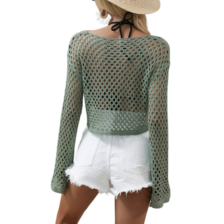 Sunisery Women Long Sleeve Mesh Crop Tops Tee Shirt Blouse Fishnet