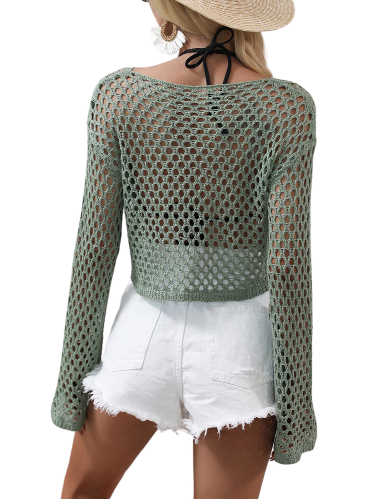 Licupiee Women Sexy Crochet Hollow Out Crop Top Mesh See-Through Long Sleeve Shirt Knitted Pullover Cover Up Tee - image 5 of 6