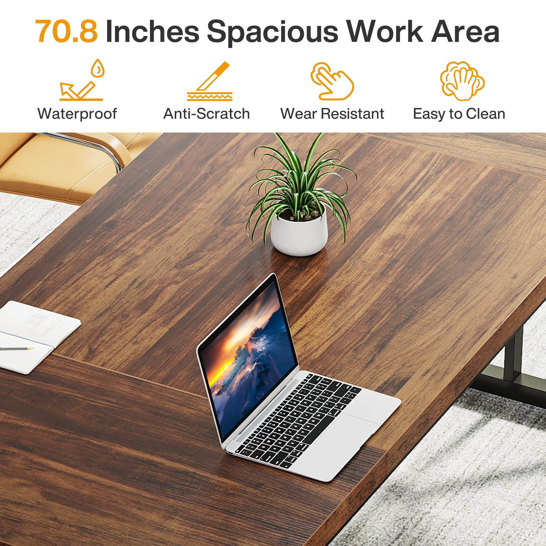 Finmind 71" Executive Desk, Large Computer Desk Study Writing Table for Home Office (Brown/Black)